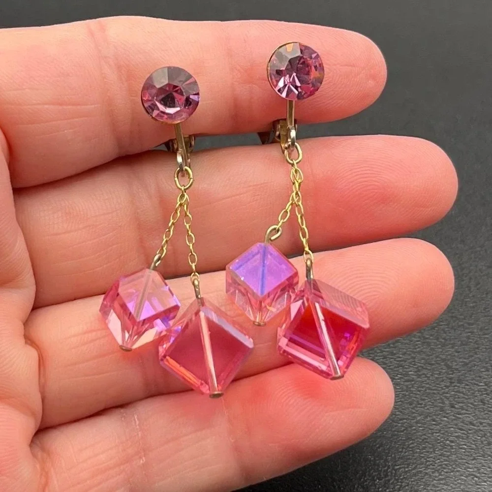 Vintage Pink AB Crystal‎ Cube Clip On Earrings Mid Century Geometric Drop 2